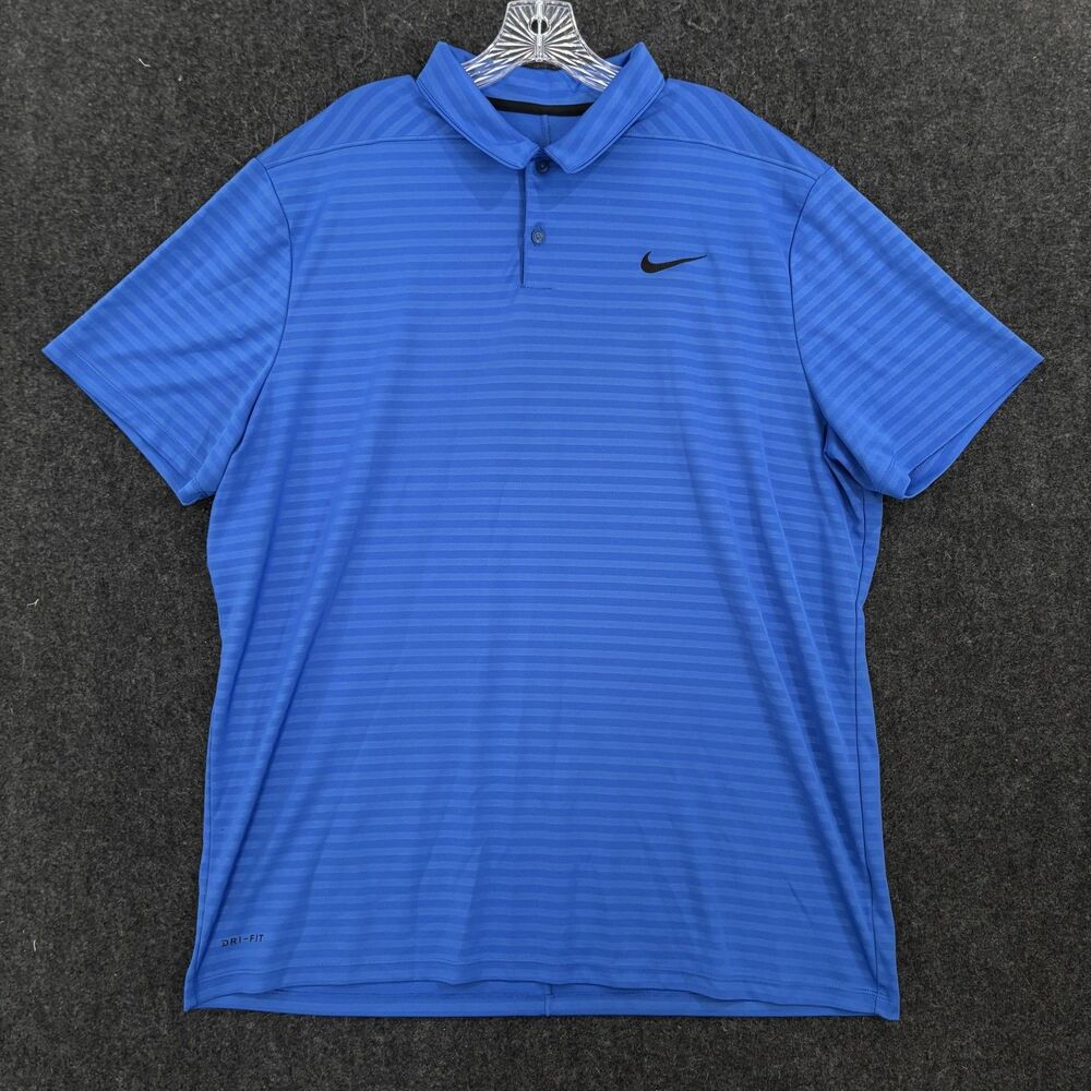 Nike Essential Polo Shirt Mens XXL Blue Striped Dri-Fit Golf Performance Stretch
